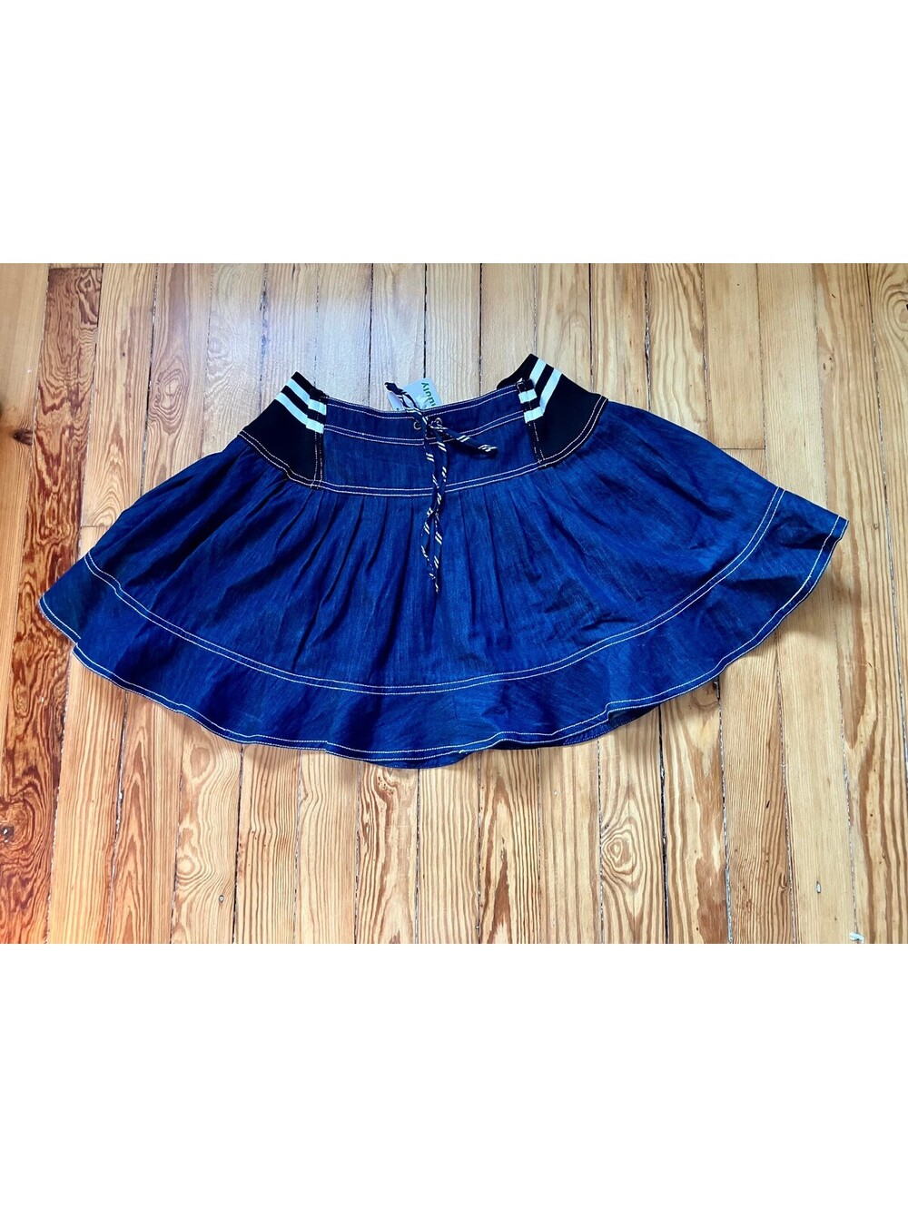 NWT Pilcro Anthropologie Dark Denim Circle Mini Skirt Striped Tie Sporty Prep L - Picture 2 of 11